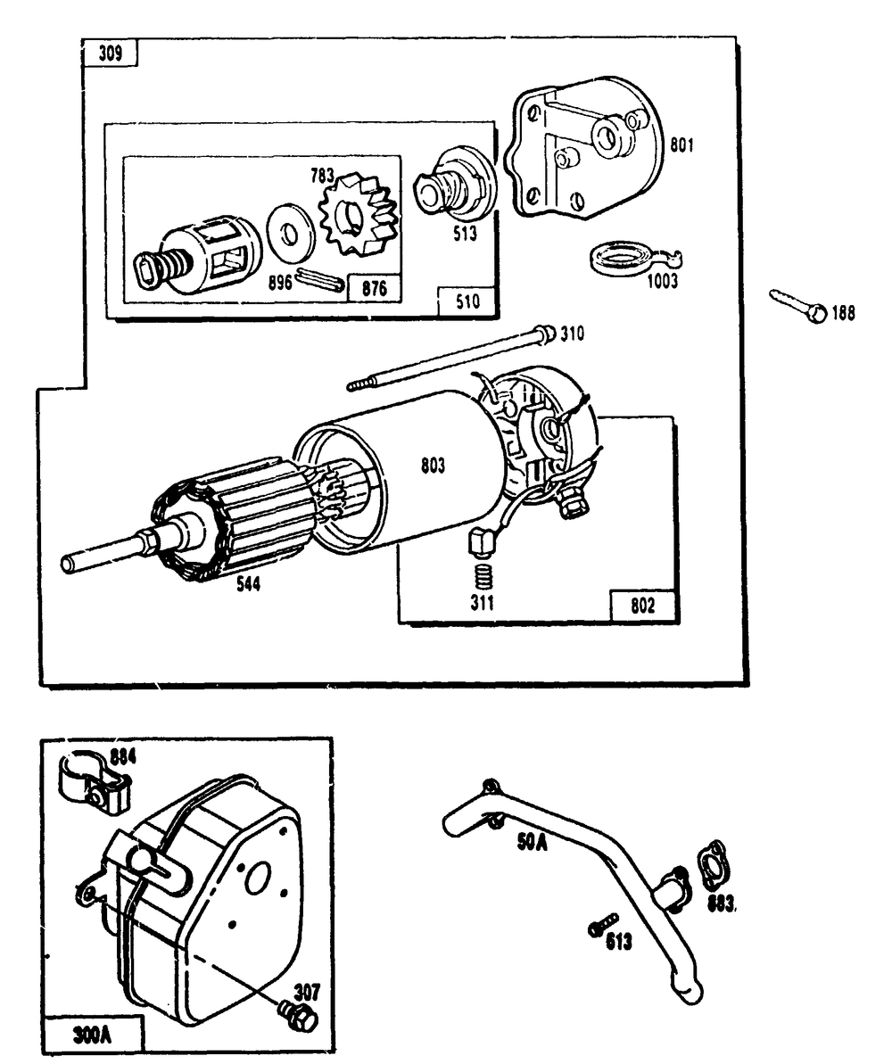 Starter Motor And Exhaust Muffler Diagram and Parts List for 9163-2-4W113D  Briggs and Stratton Generator